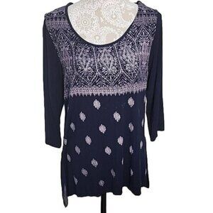 Rebecca Malone Tunic Top 3/4 Sleeve Boho Blue Bling Women's Large